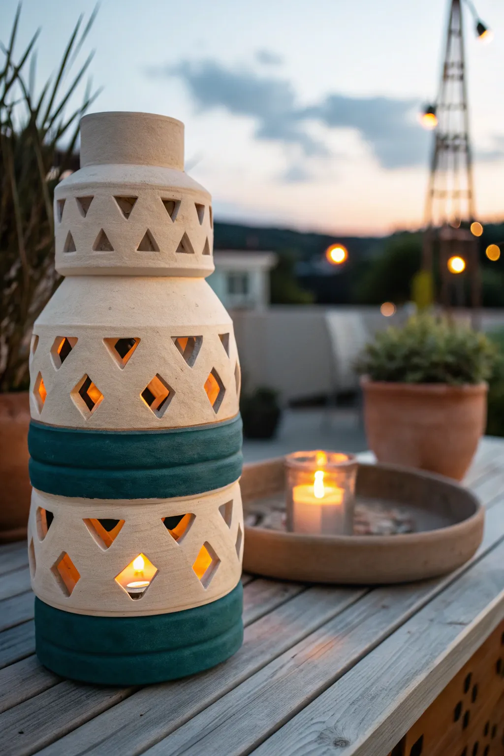 DIY terracotta pot lantern with cozy glow, minimalist boho patio decor for dreamy dusk vibes