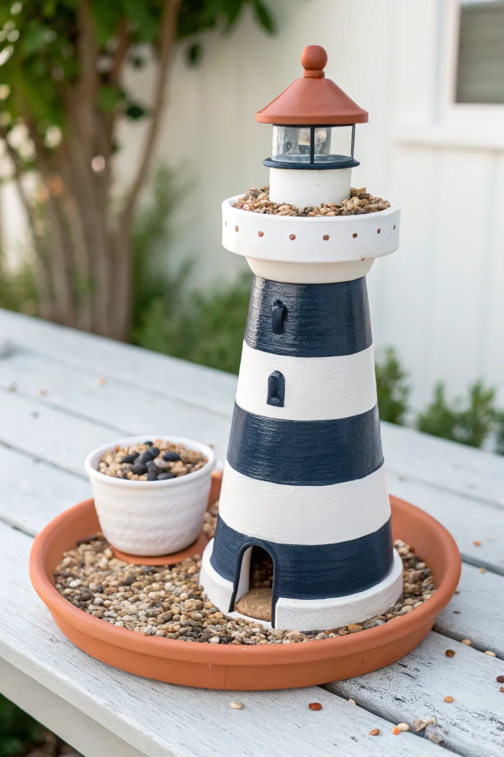 DIY clay pot lighthouse bird feeder: bold stripes, tidy saucer tray, ready for backyard birds.