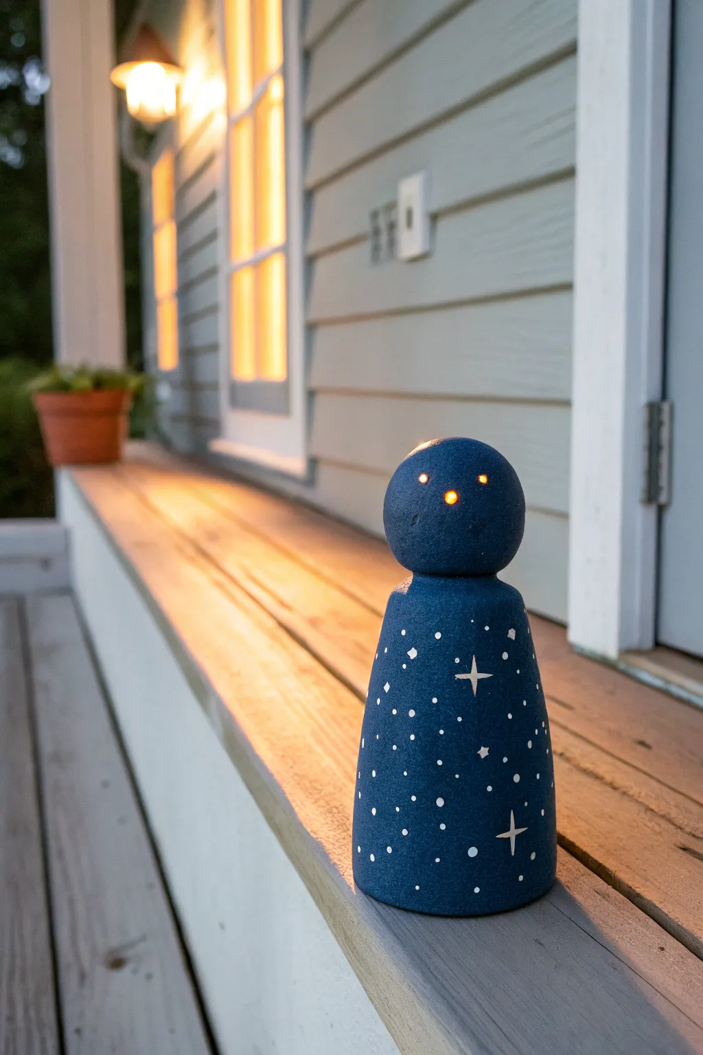 Starry night clay pot person in deep navy with gentle glow details for a cozy porch vibe