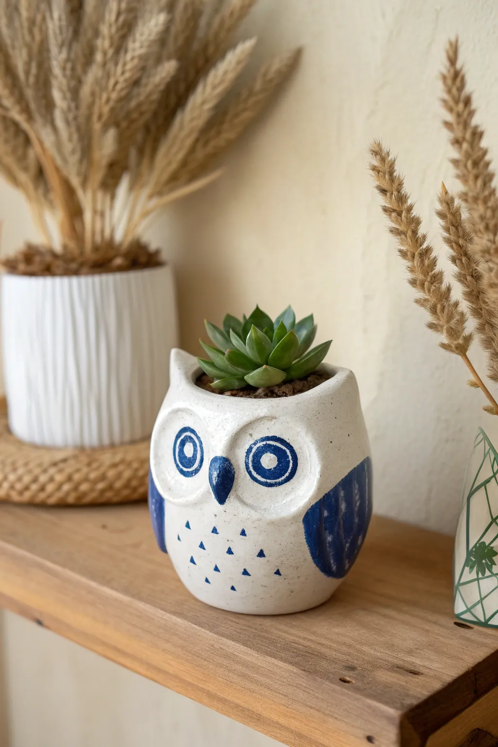 Handbuilt owl planter with a tiny succulent, Scandinavian minimal styling with a boho pop.