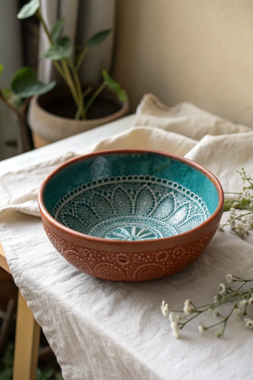 Lace-imprinted bowl with a bold wash glaze that celebrates every raised and recessed detail.