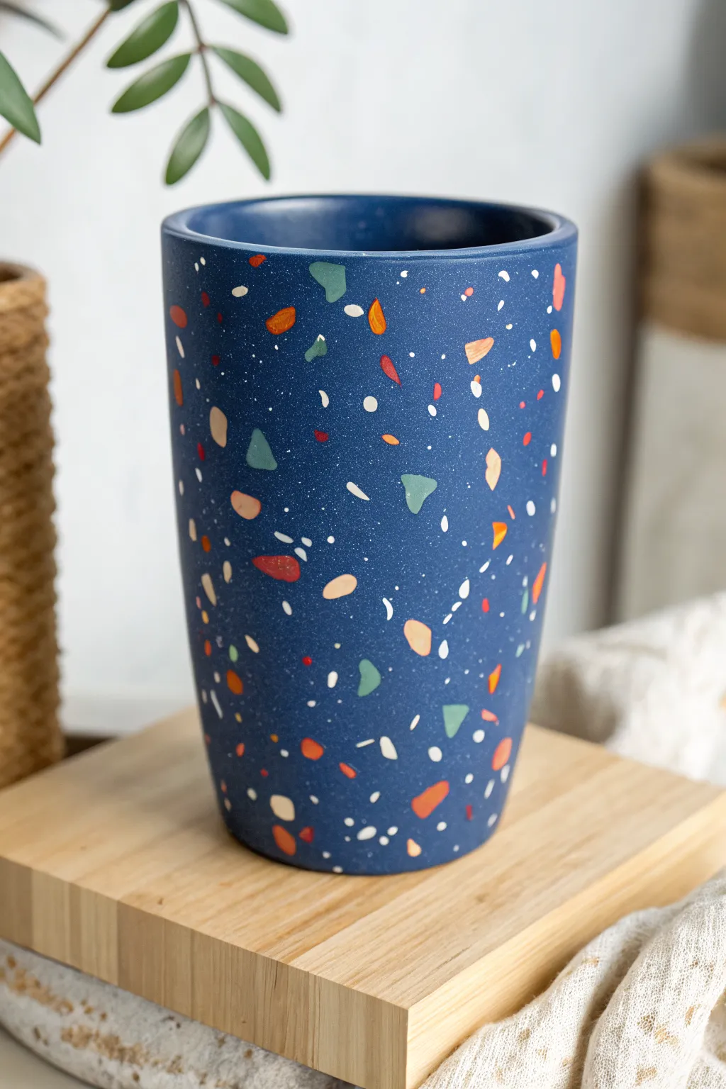 Terrazzo speckle pottery painting idea: bold confetti dots on a clean minimalist base.