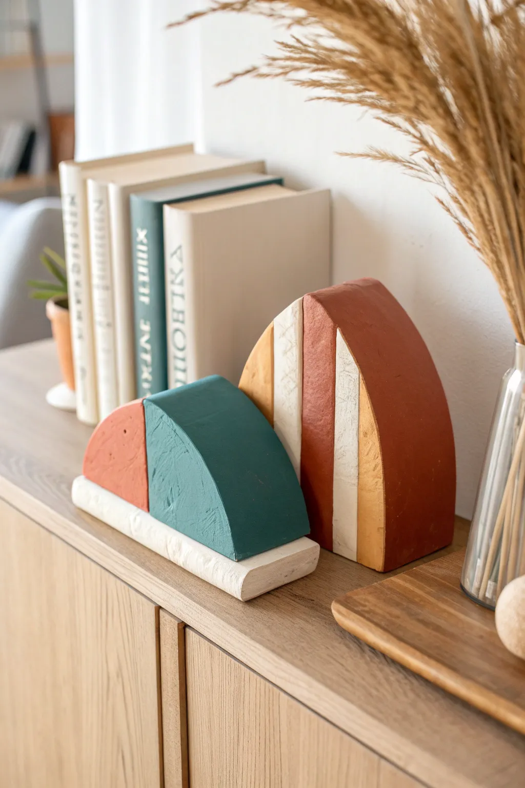 Chunky color-block clay bookends in bold tones, styling a minimal shelf with cozy boho warmth.