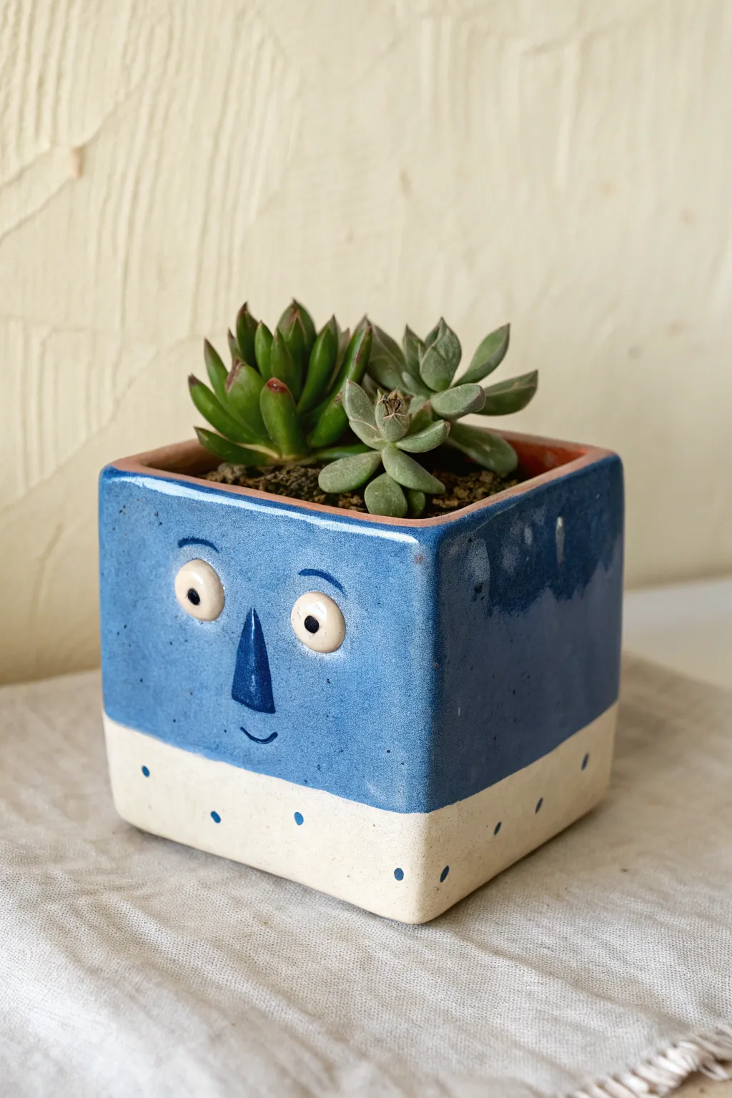 High school friendly slab character planter, bold cobalt on warm neutral, minimalist boho charm