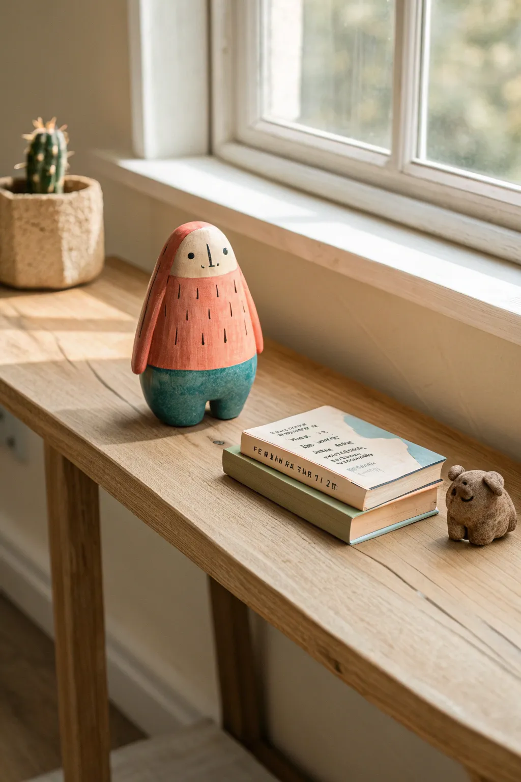 Cute shelf sitter clay character with dangling legs, a simple middle school pottery project idea.