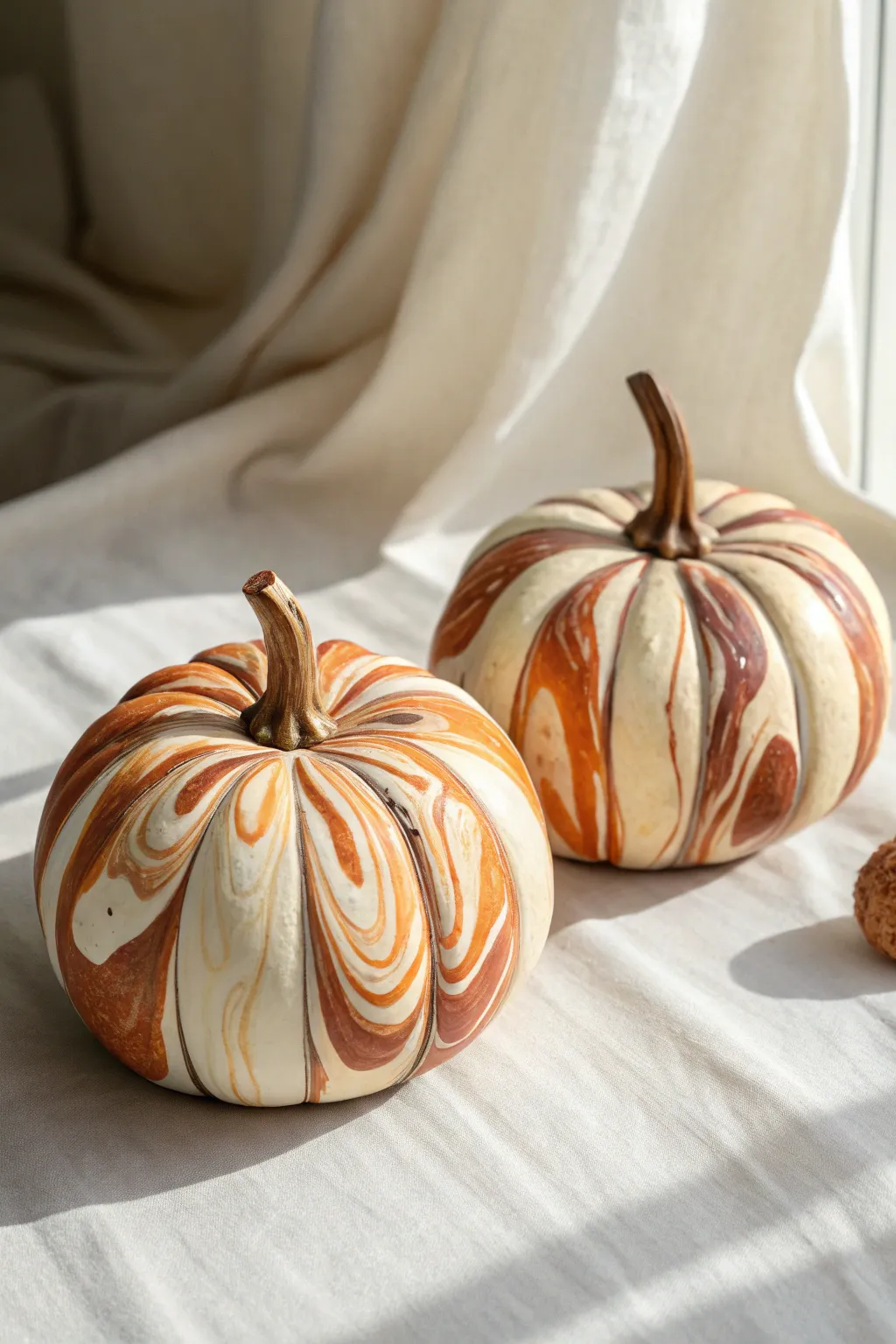 Modern marbled clay pumpkins in warm orange and cream for a minimalist, boho fall accent.