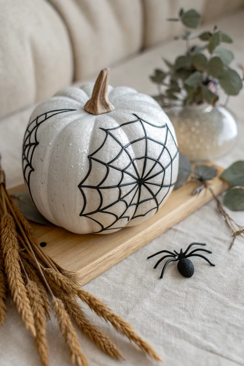 Minimal clay pumpkin with bold black spider web and crisp negative space for spooky-chic contrast.