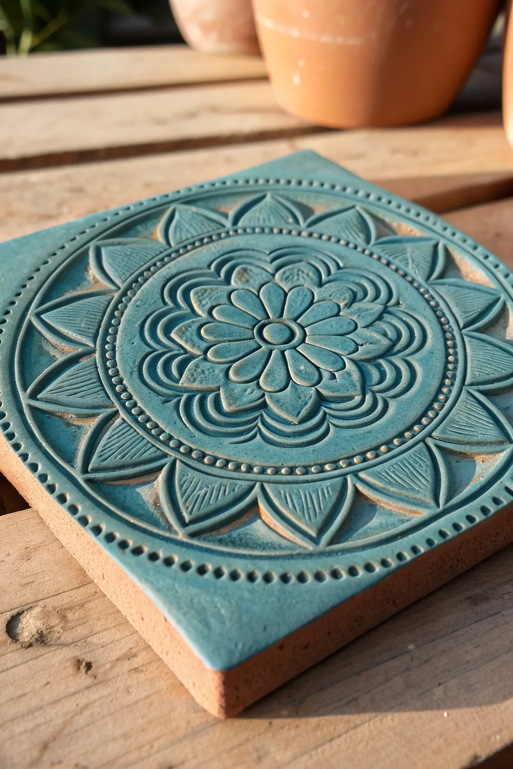 Calm Scandinavian mandala clay relief tile with layered petals and dramatic shadow rhythm.