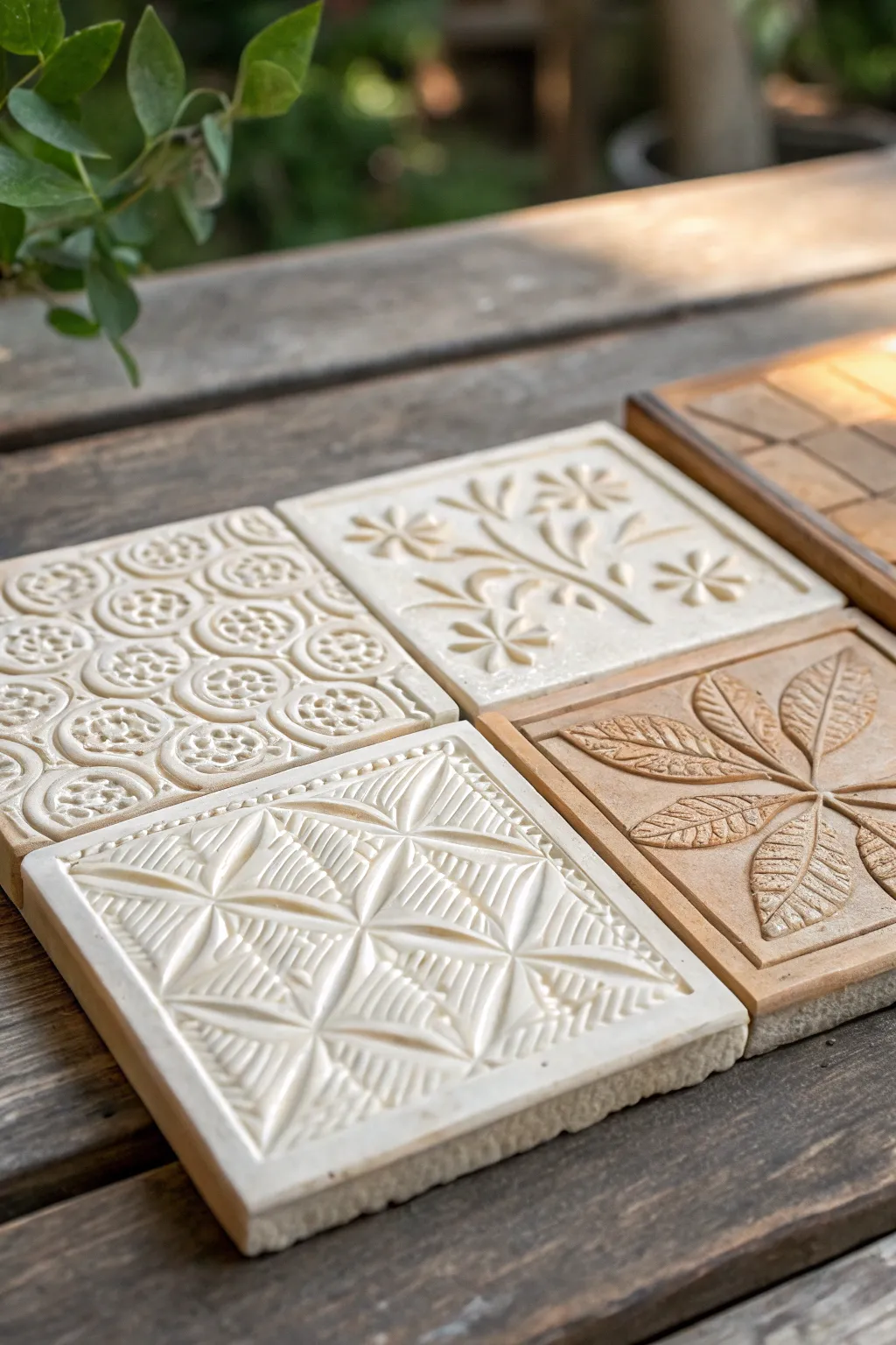 Pressed texture sampler relief tile with four easy patterns, bold contrast, and minimalist boho style.