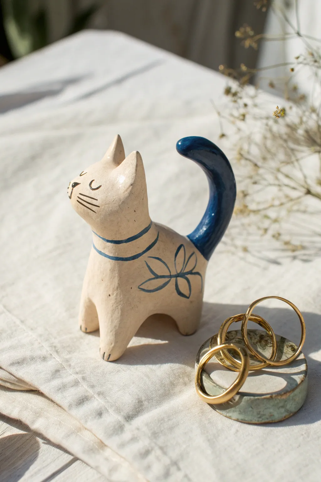 Tiny clay cat tail ring holder in terracotta and cobalt, simple beginner friendly and chic.