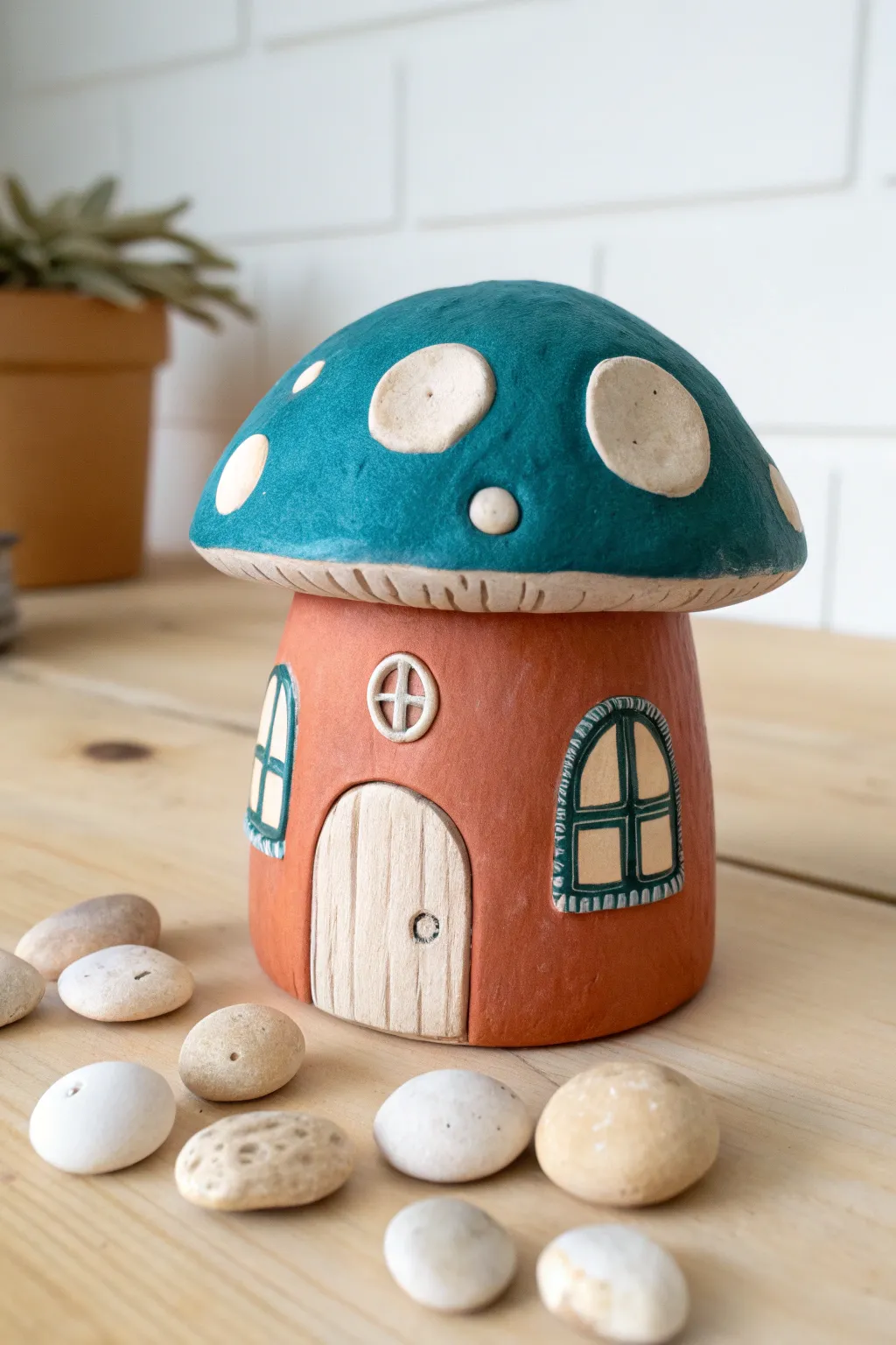 Beginner friendly mushroom house mini decor in bold earthy tones, perfect for cozy shelves