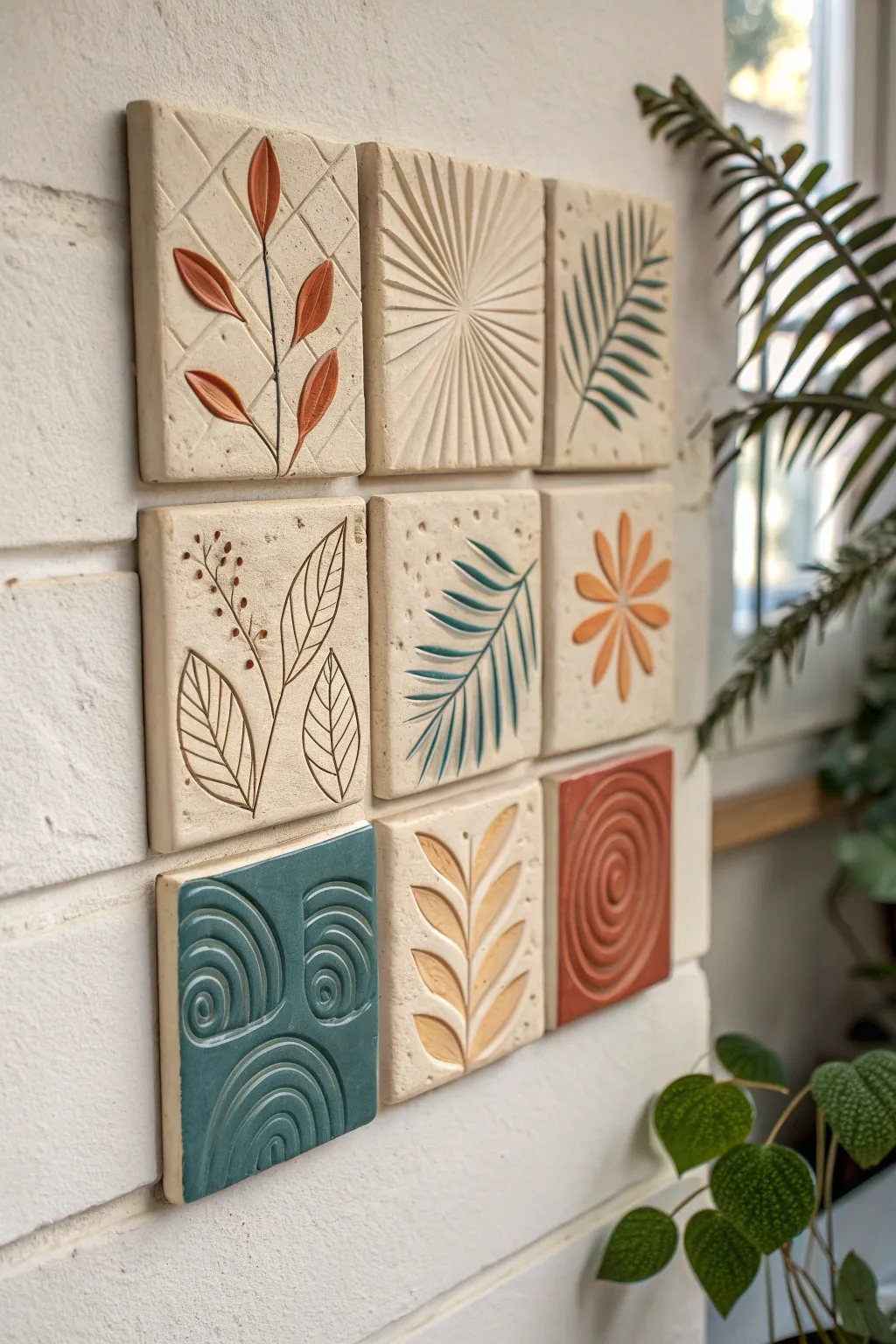 Mix-and-match clay relief tiles in a mini grid, minimalist wall art with bold color pops.