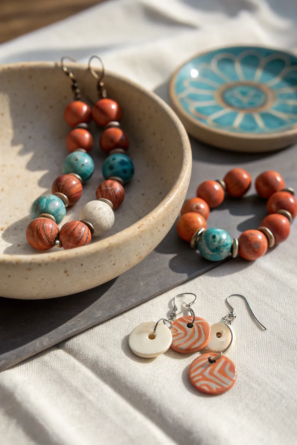 Bold three-tone marbled beads and charms, styled simply for a minimalist boho clay set idea.