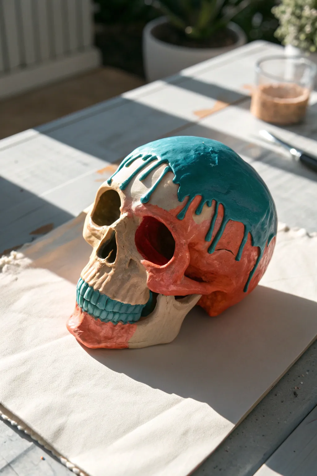 Minimal clay skull with bold painted drip-glaze effect, clean Scandinavian styling and contrast.