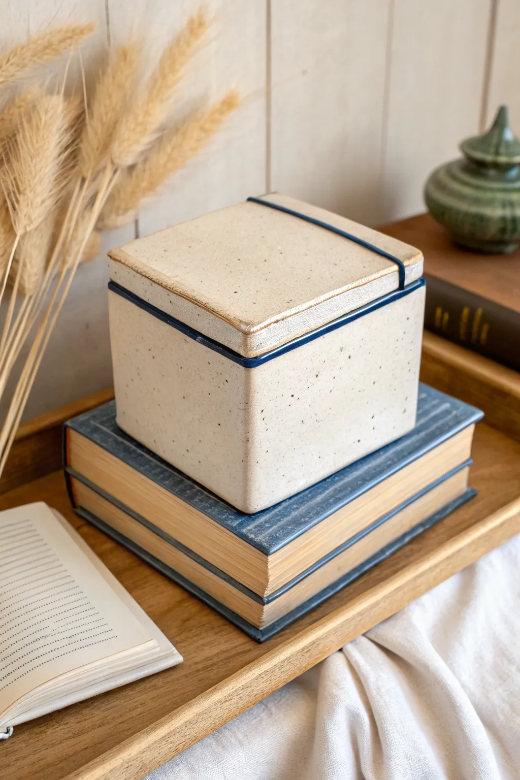 Book-shaped ceramic slab box with page-like lid seam, earthy glaze, minimalist boho styling.