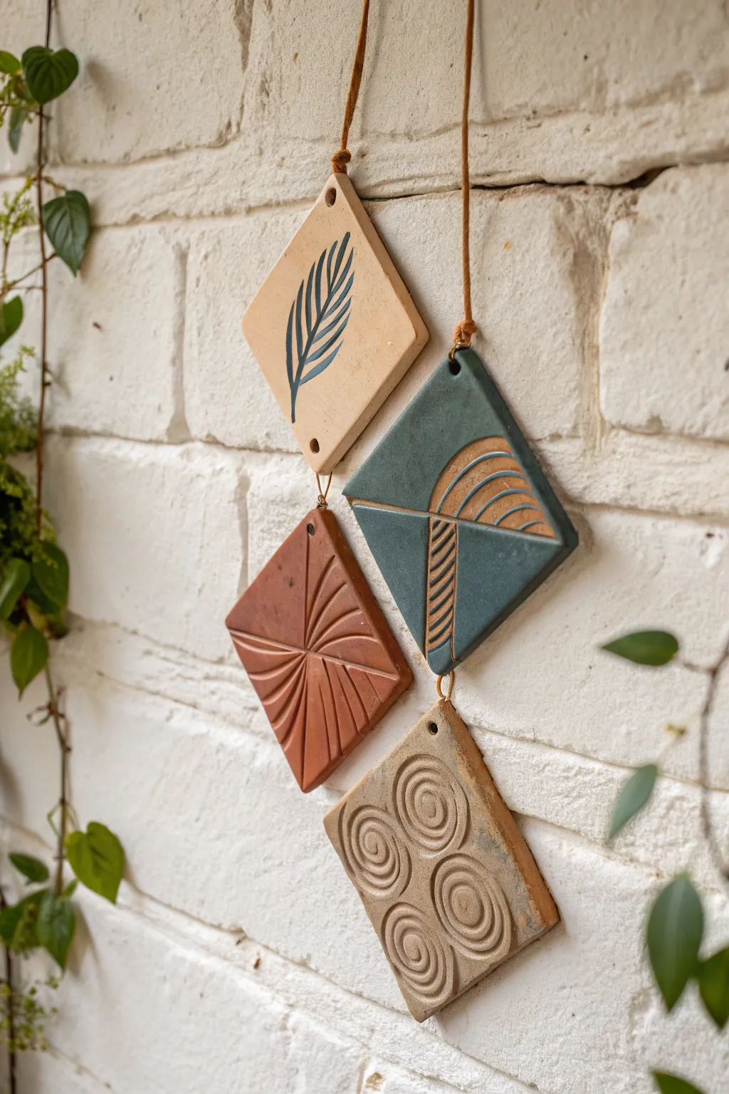 Four carved slab tiles in a minimalist cluster, turning simple clay slabs into wall art.