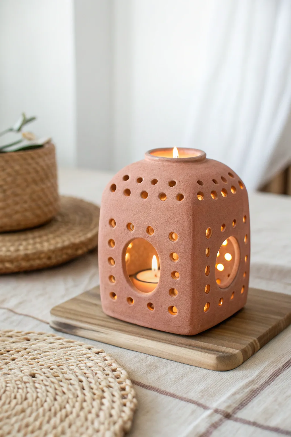Beginner slab tea light lantern with simple cutouts, glowing warmly in a minimalist boho setting