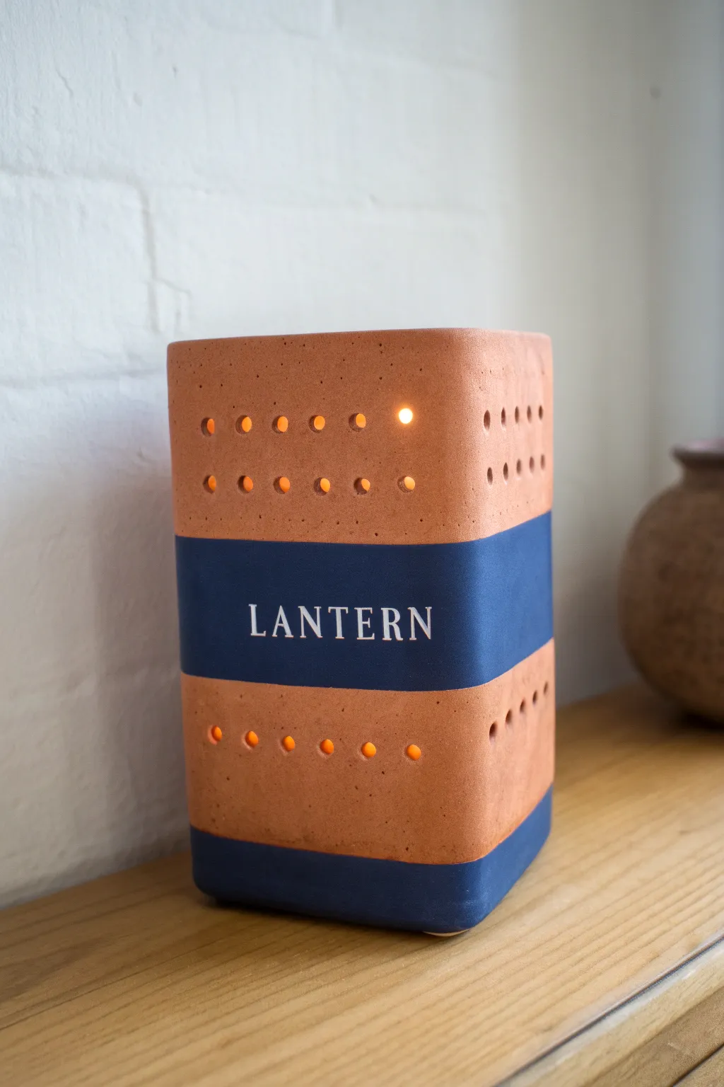 A simple slab lantern with pierced letters and dots, casting a crisp cozy projection on the wall.