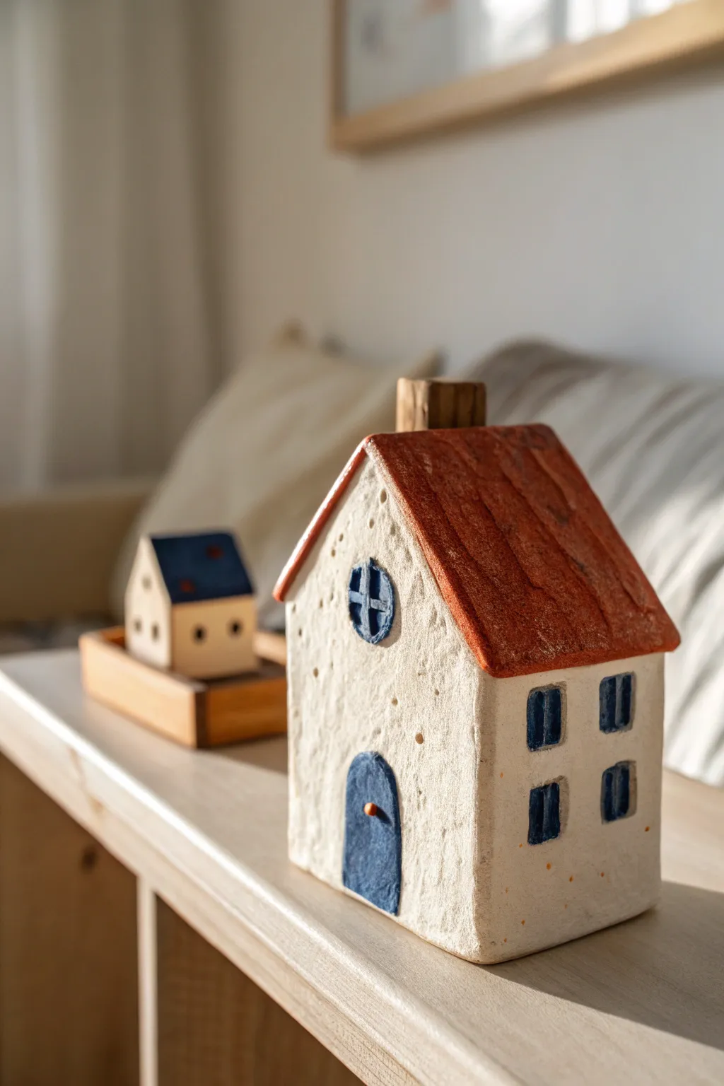 Slab-built mini ceramic house village vignette with bold glaze and cozy Scandinavian boho styling