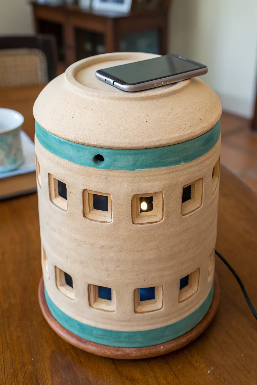 Lantern-inspired clay speaker with airy cutouts and a top phone slot for warm, diffused sound.