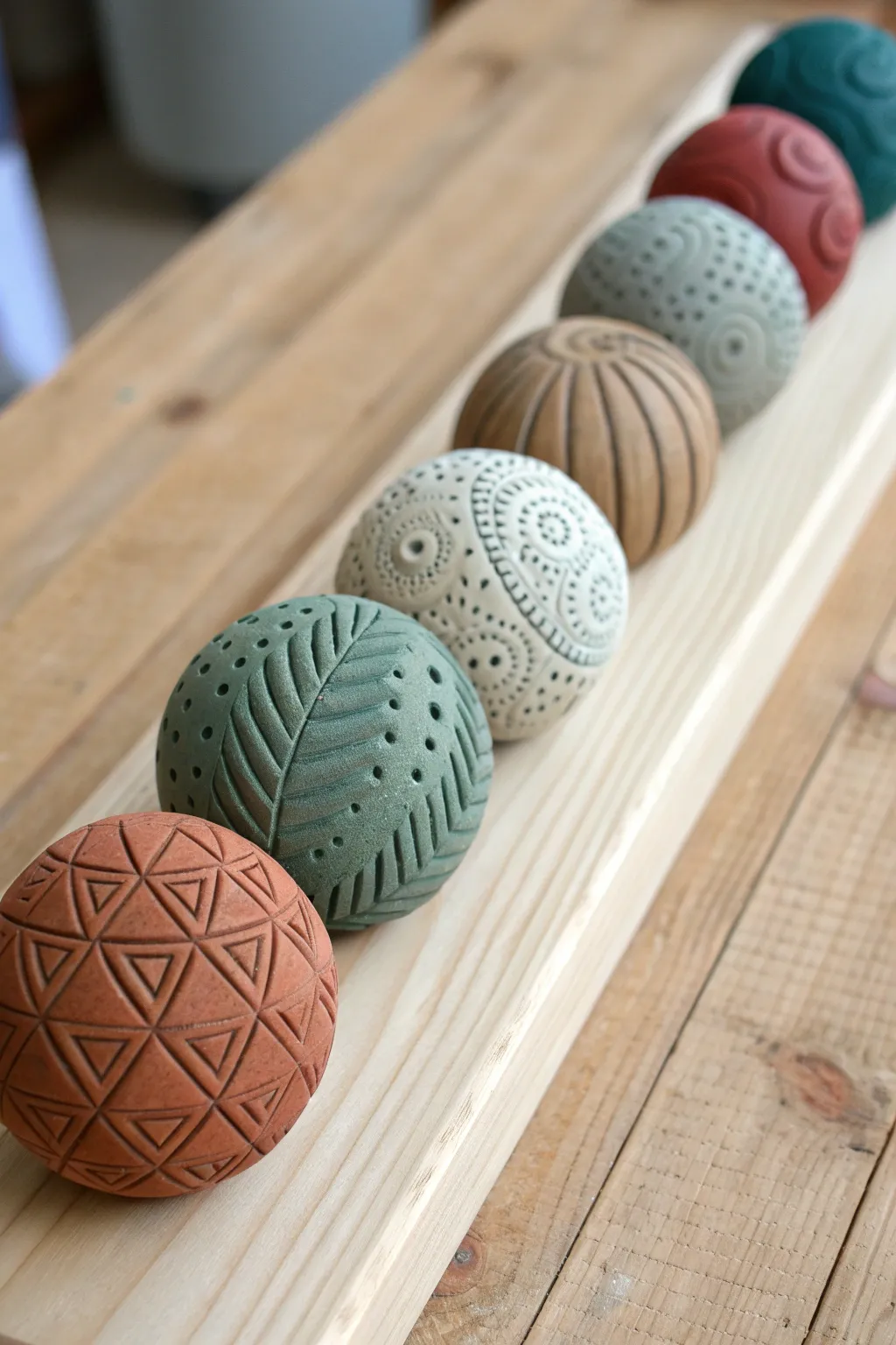 Textured clay stamp spheres lined up like a tiny library of bold rolling patterns