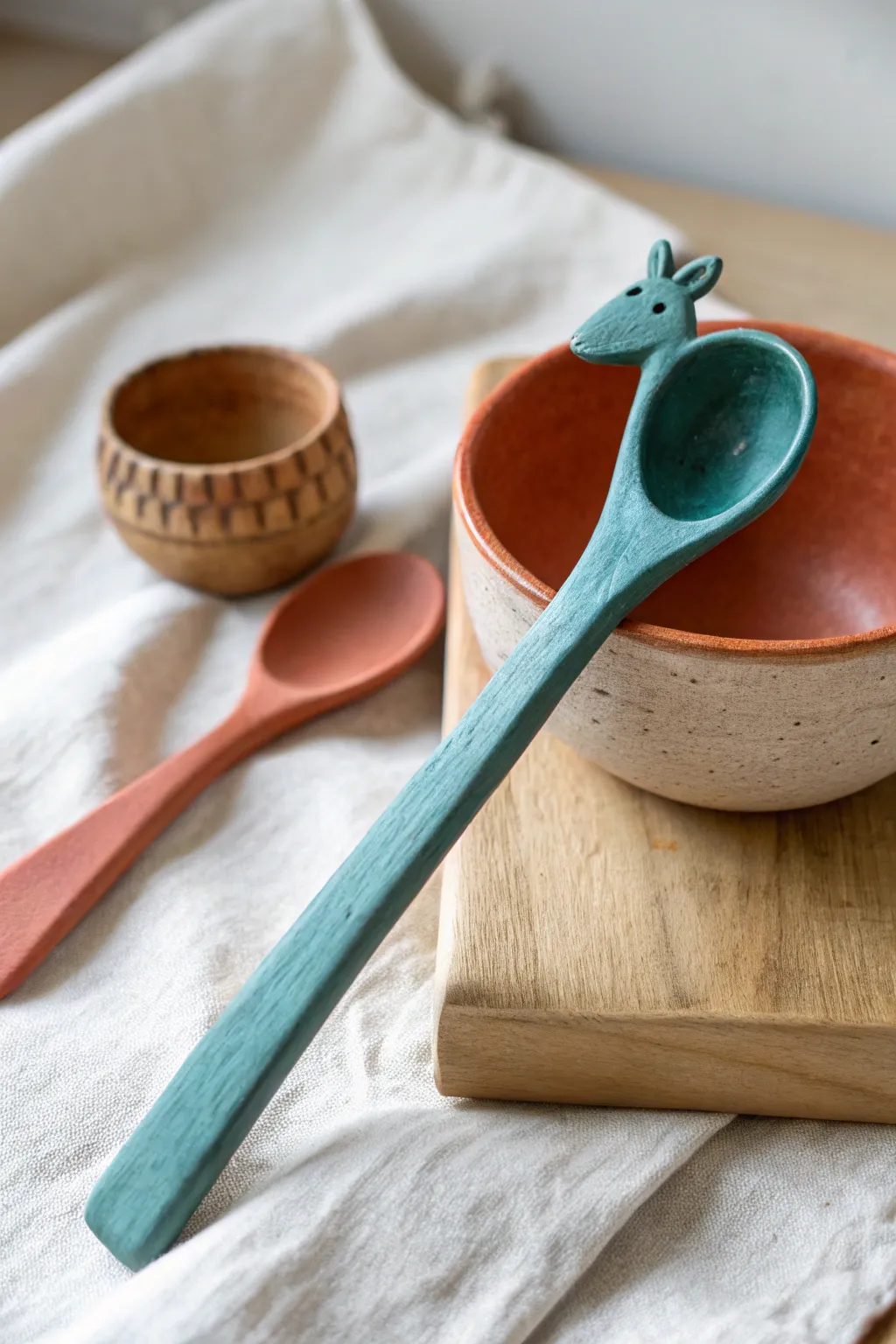 A cute clay spoon with a simple animal topper, styled minimally with a bold color pop.