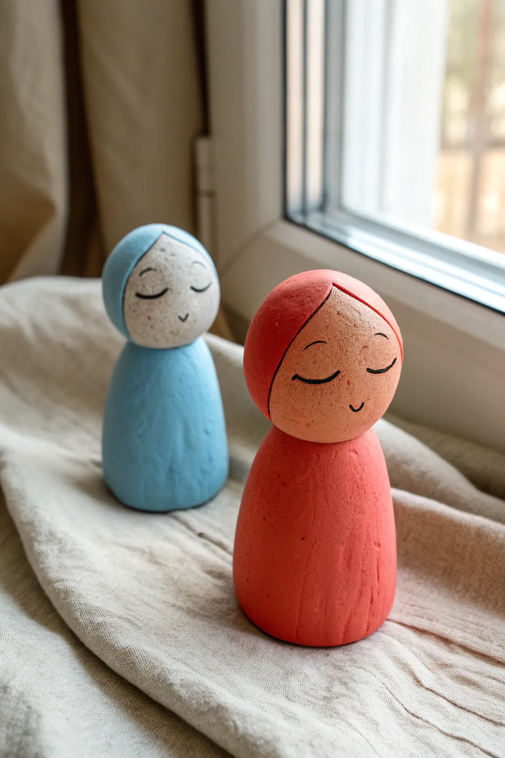 Simple clay character in calm blue and fiery coral, perfect for a mood-change stop motion beat.