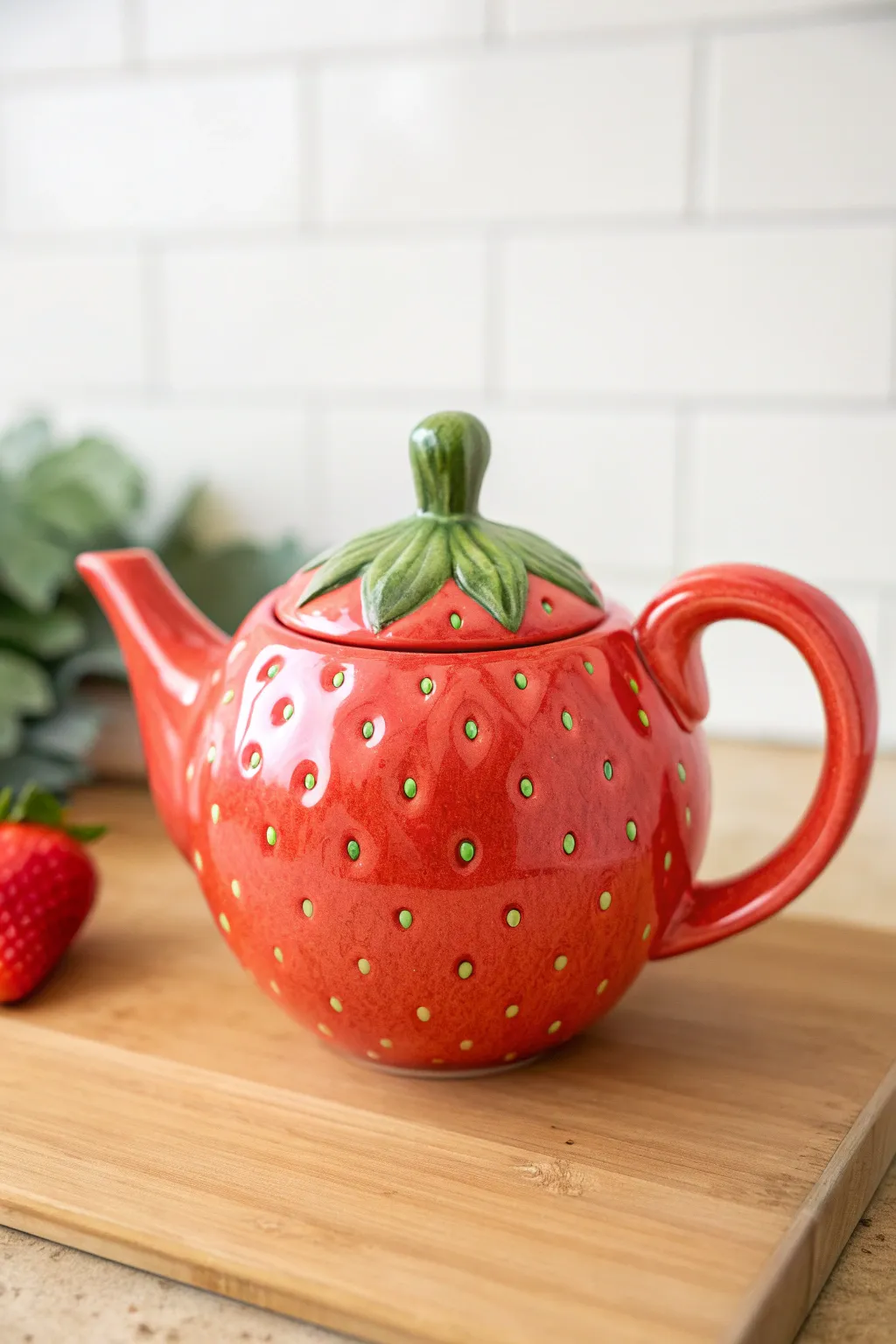 Strawberry-shaped clay teapot in vivid glaze, minimalist styling with cozy boho warmth.