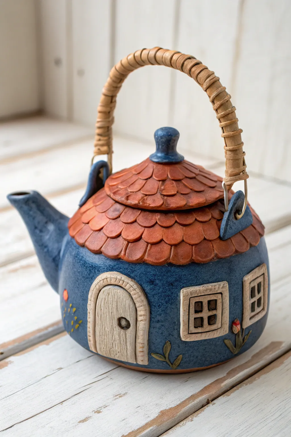 Whimsical cottage clay teapot with vine spout, Scandinavian minimal charm in bold color