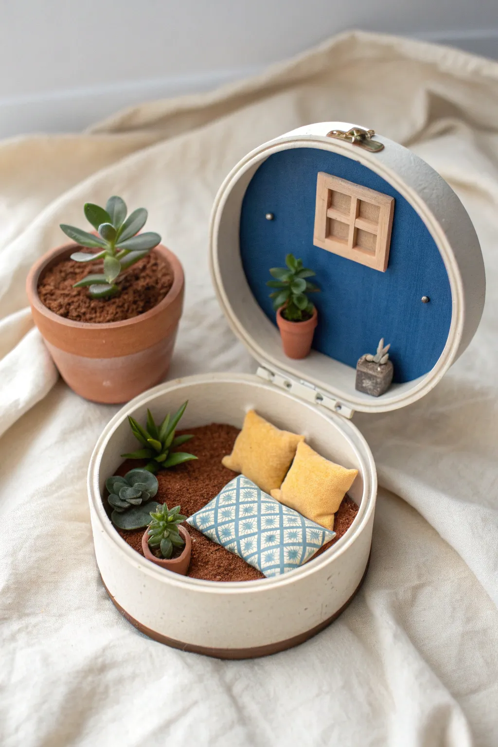 Mini clay diorama keepsake in a lidded tin, simple shapes, bold color, cozy boho calm.