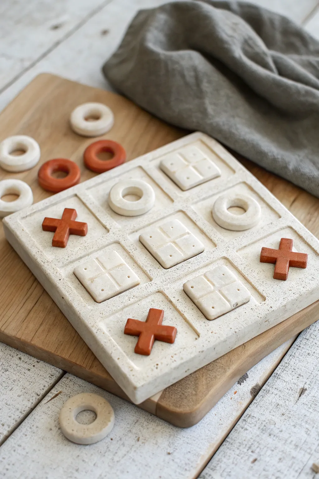 Peg-in ceramic tic tac toe board with snug pieces for no-slip, mid-game minimalist style