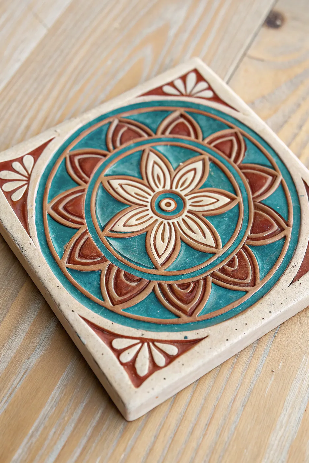 Mixed carved and raised mandala tile in terracotta and teal, simple texture with big impact.