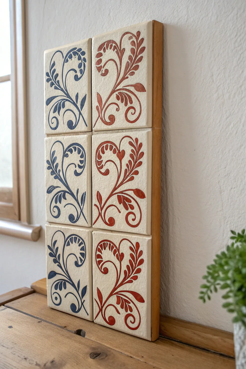 Triptych clay tiles forming one flowing vine design, Scandinavian minimalism with a bold boho pop