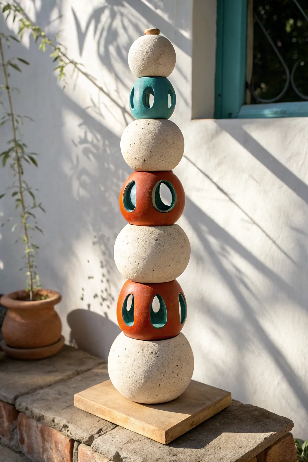 Lantern bead clay totem with pierced cutouts casting warm shadows in minimalist boho style