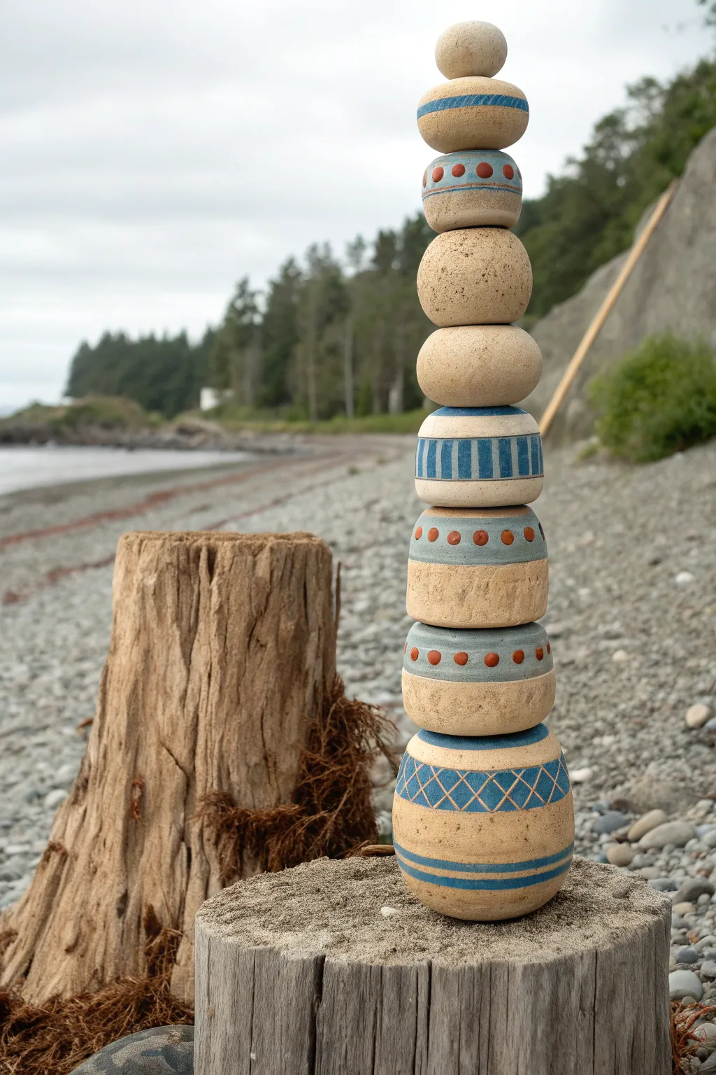Mixed-media clay totem with pebble impressions and bark lines, bold glaze accents, outdoor mood.