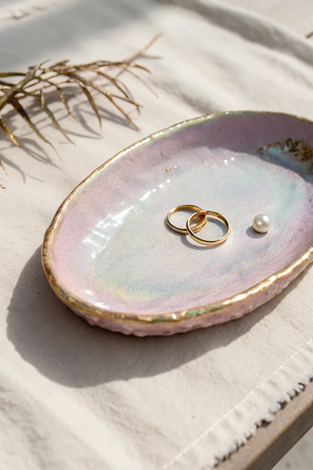 Iridescent aura clay tray with a single gold ring for a dreamy, modern minimalist vibe.