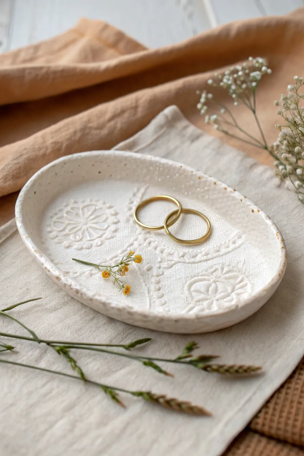 Matte white lace-pressed clay tray, minimal and dreamy for rings and small treasures.