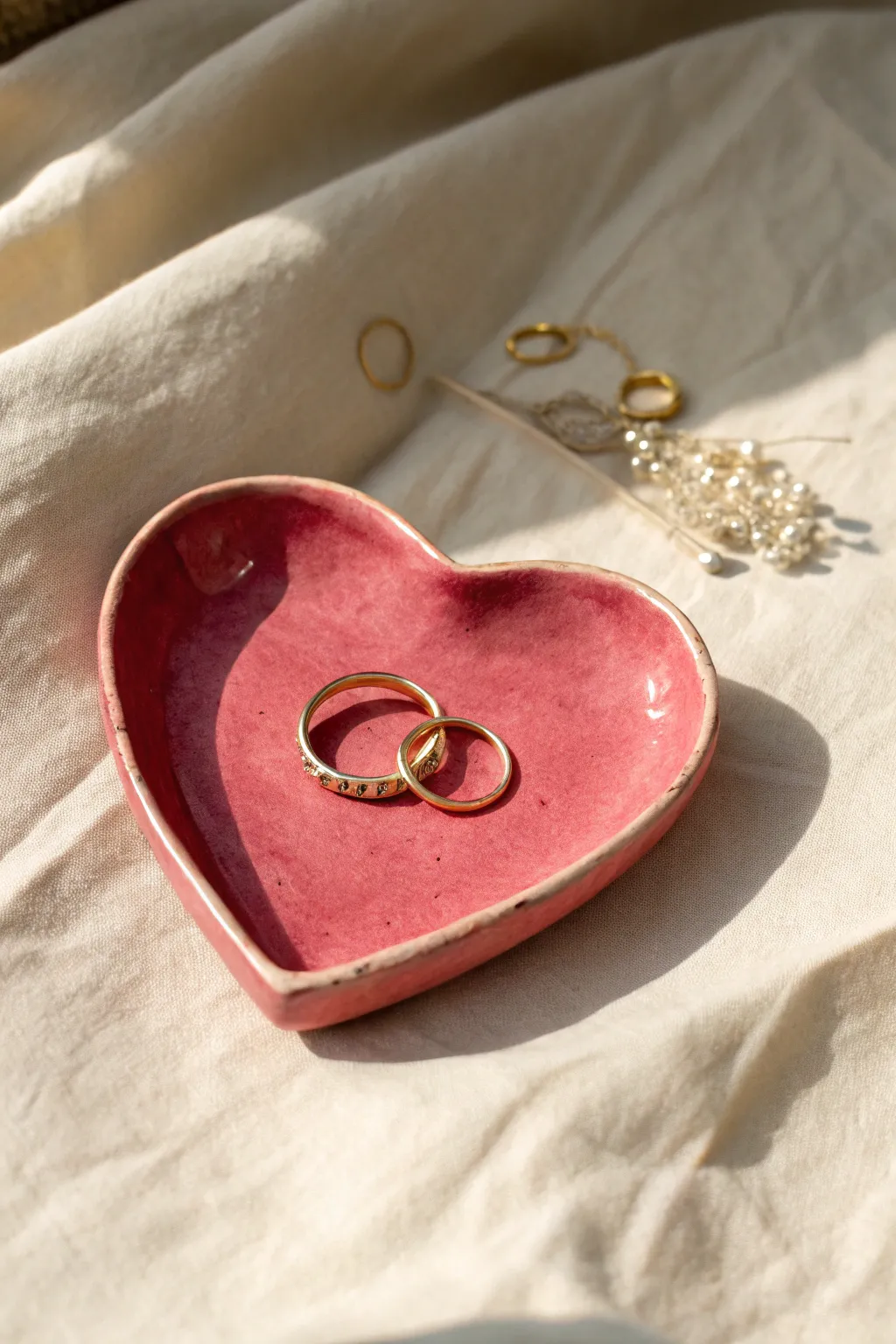 Heart-shaped pink trinket dish with a tiny lip, styled with rings on soft neutral linen.