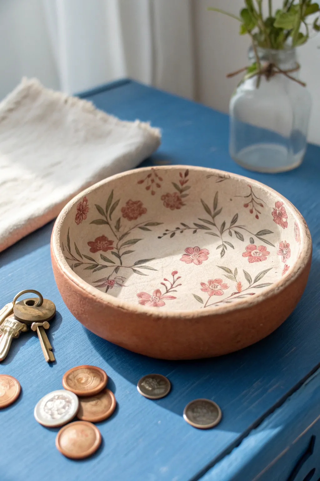 Bright decoupage trinket dish with a delicate print, perfect for keys, coins, and small finds