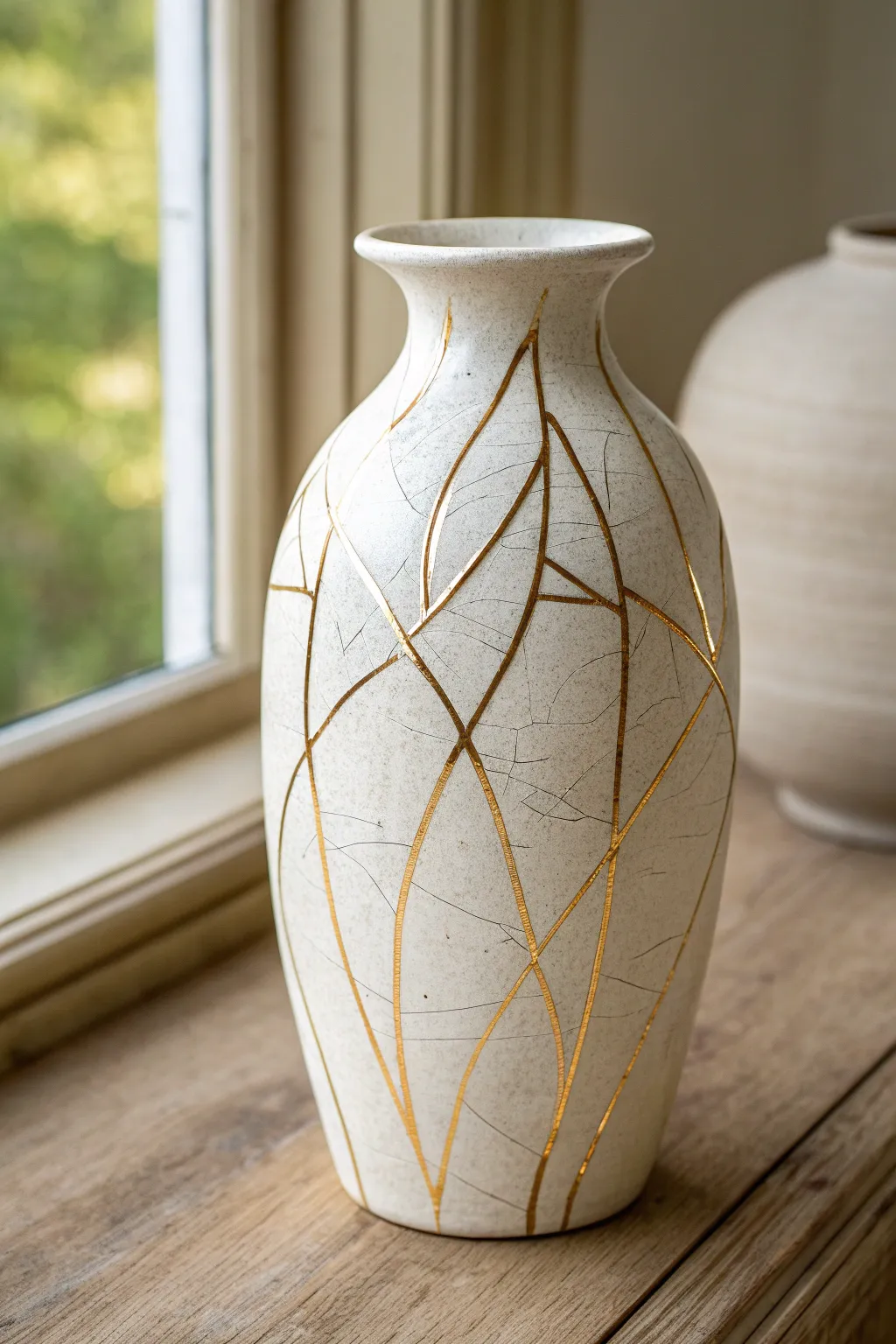 Minimal vase with metallic-highlighted crackle lines for a modern, repaired-seam look