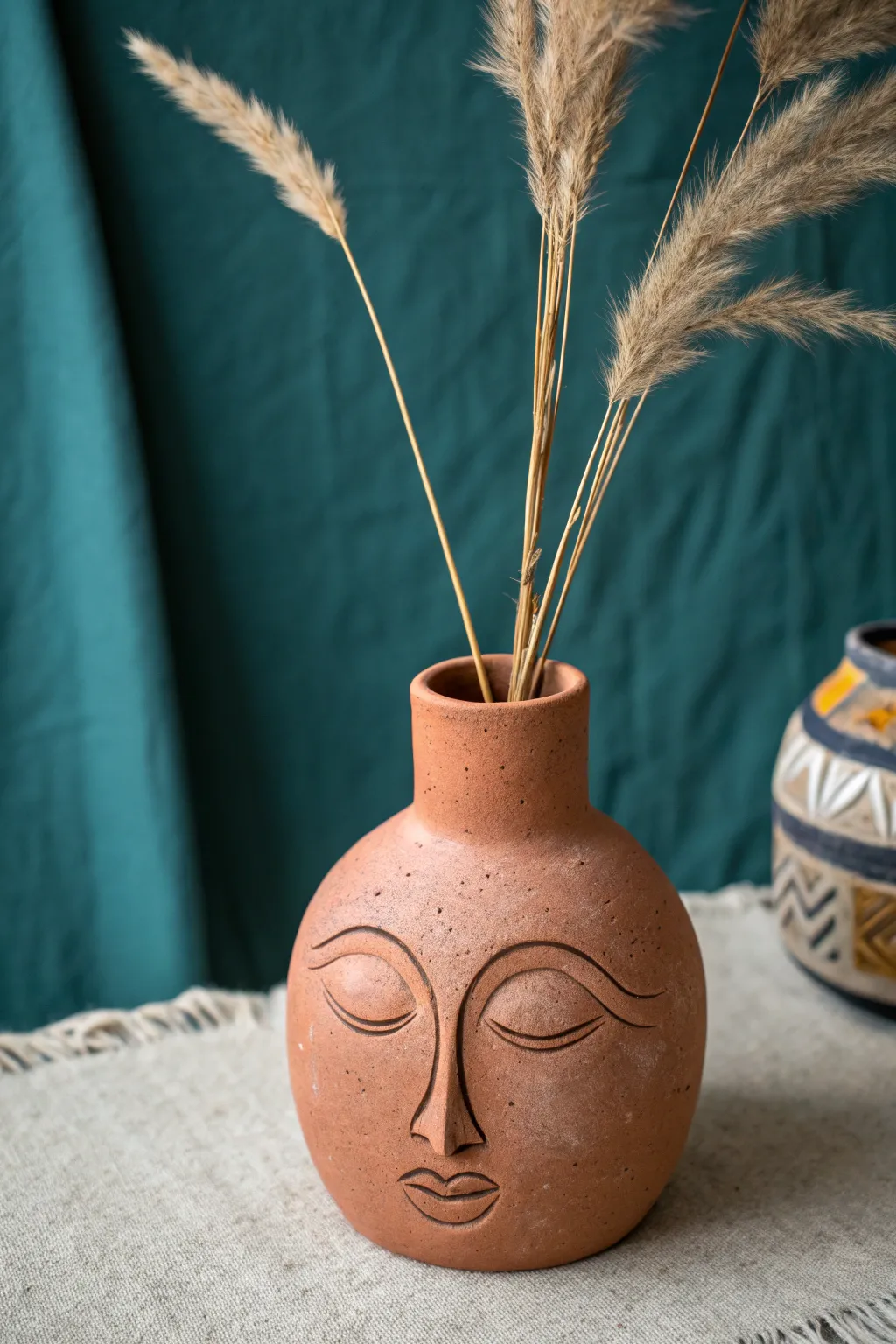 Sculpted face clay vase in warm terracotta, minimalist boho style, with a single stem.
