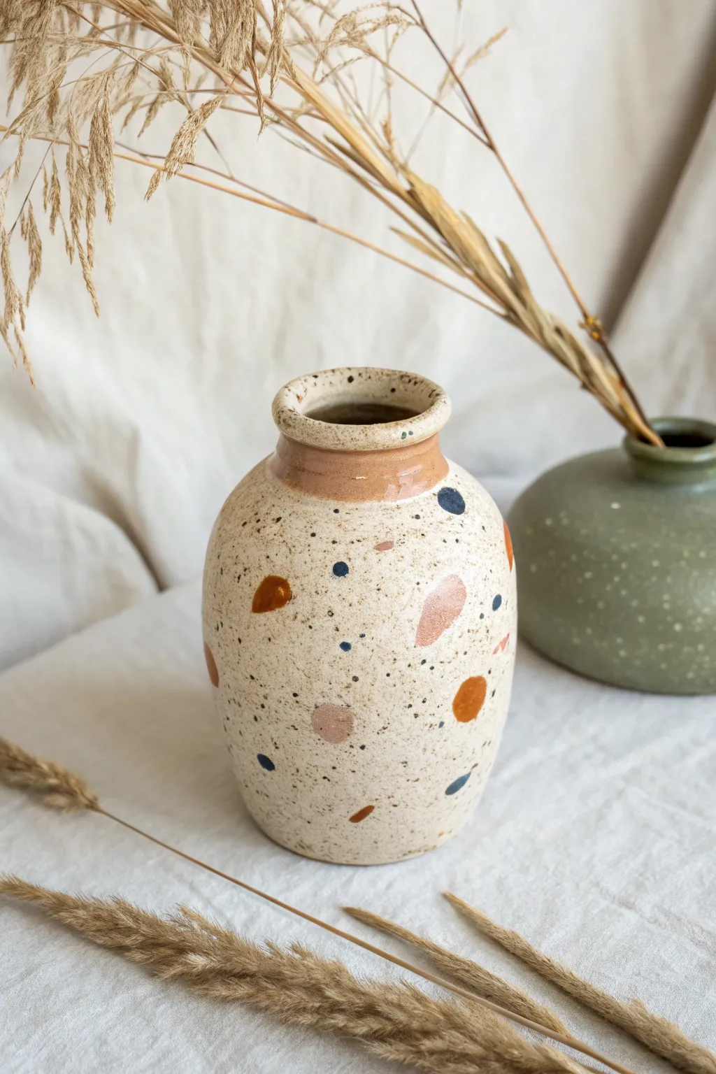 Terrazzo-speckled clay vase idea with matte finish, minimal blooms, and modern boho contrast