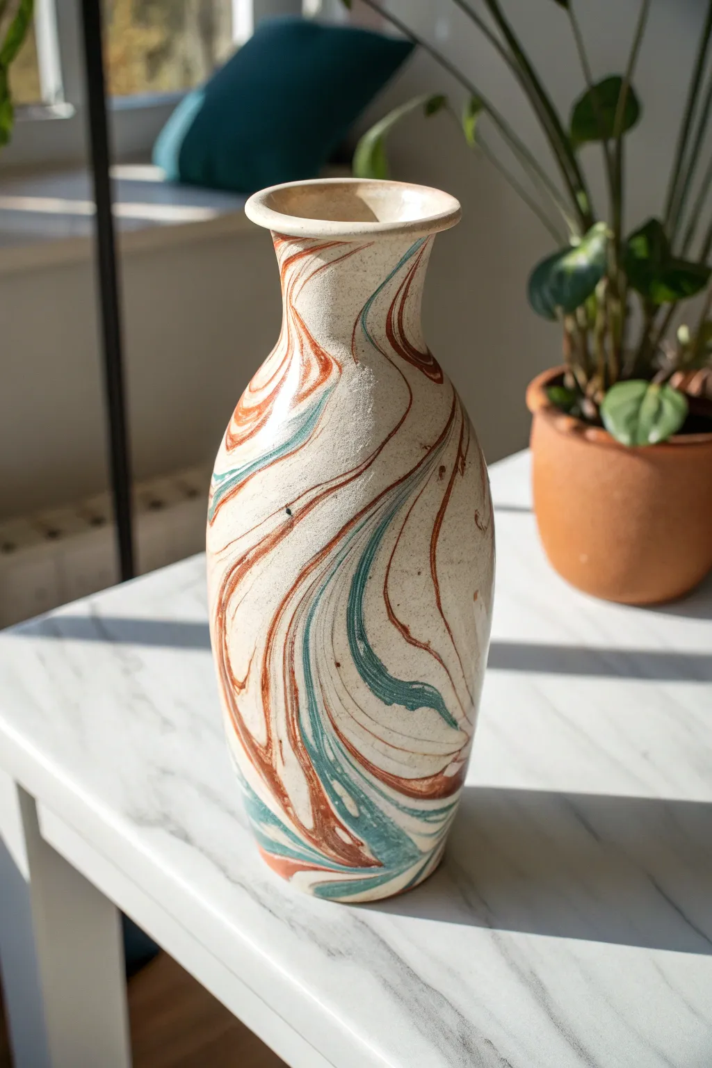Minimalist clay vase with an easy faux marble swirl finish in bold, modern earthy tones