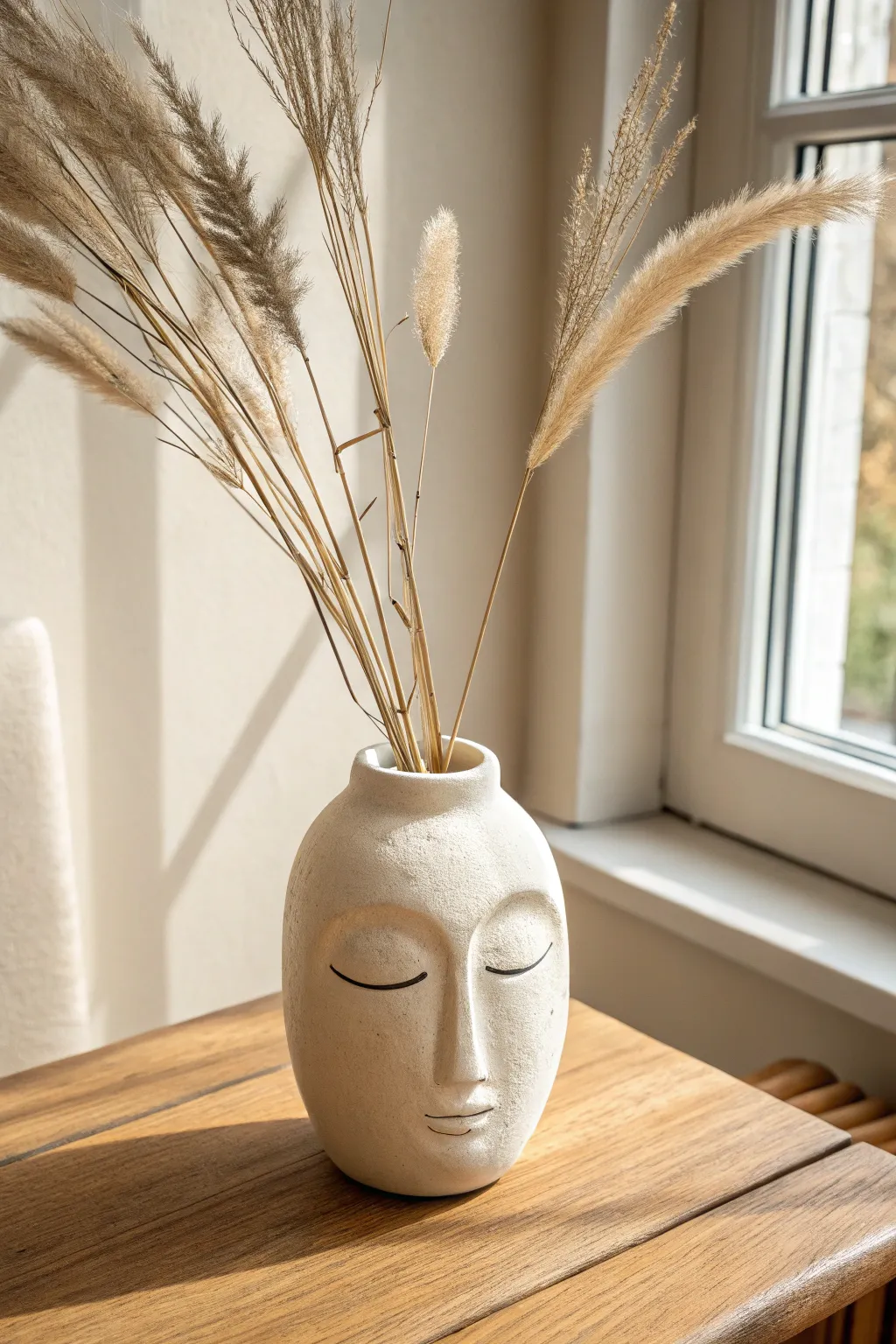Minimal face vase with dried grasses as hair, modern Scandinavian calm with a boho twist