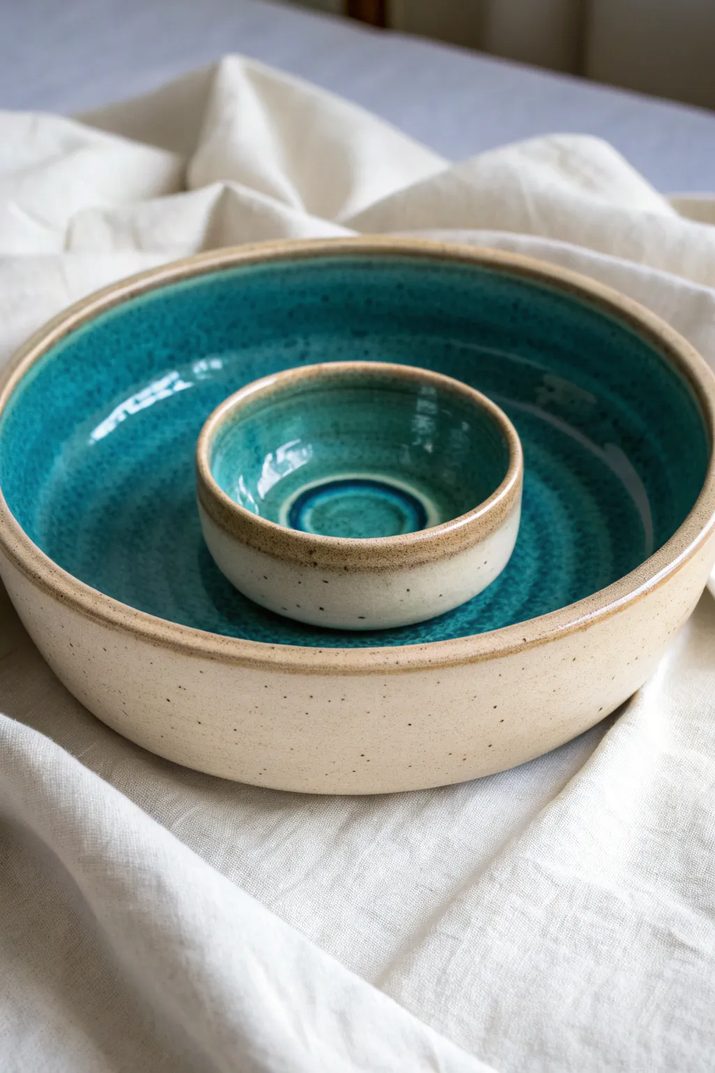Wheel-thrown double-wall chip-and-dip bowl, minimalist glaze and bold color contrast.