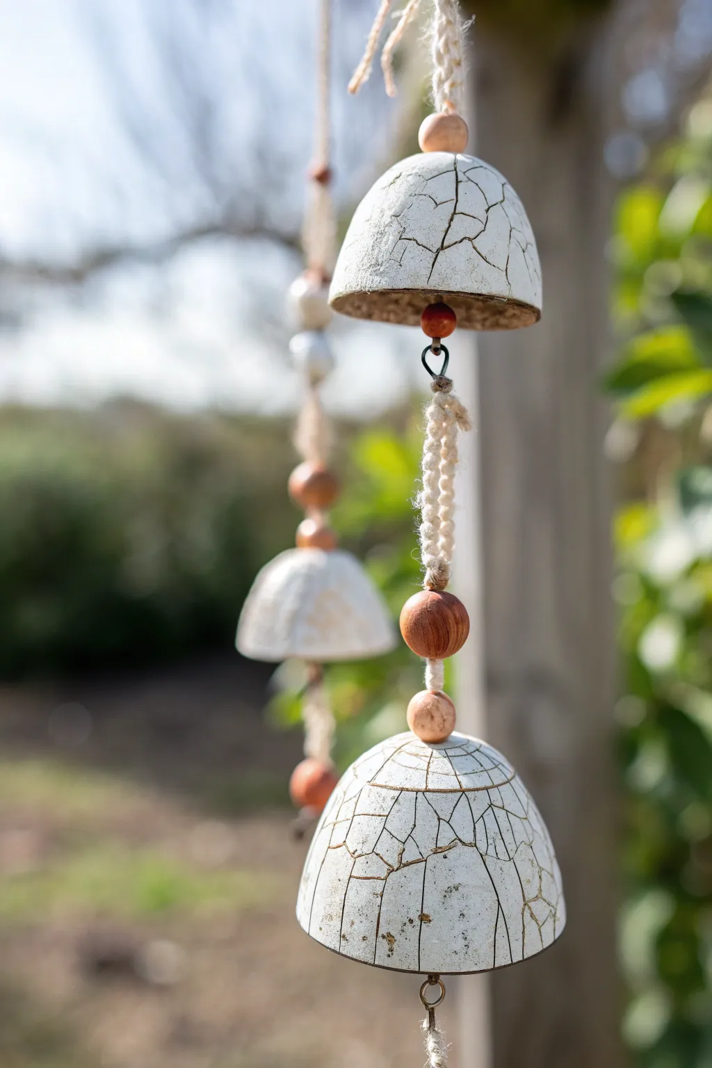 Bold crackle-glaze clay wind chime with matte beads, minimalist and boho, glowing in sunlight.