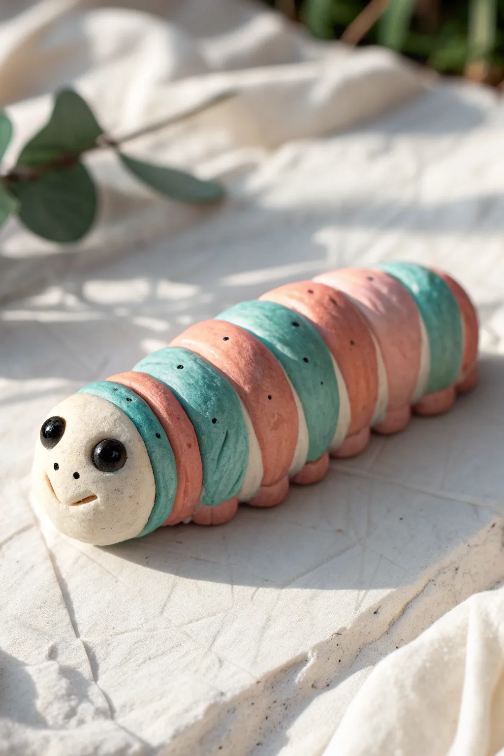 Marbled mini caterpillar charm in bold swirls and glossy finish, simple clay magic for beginners