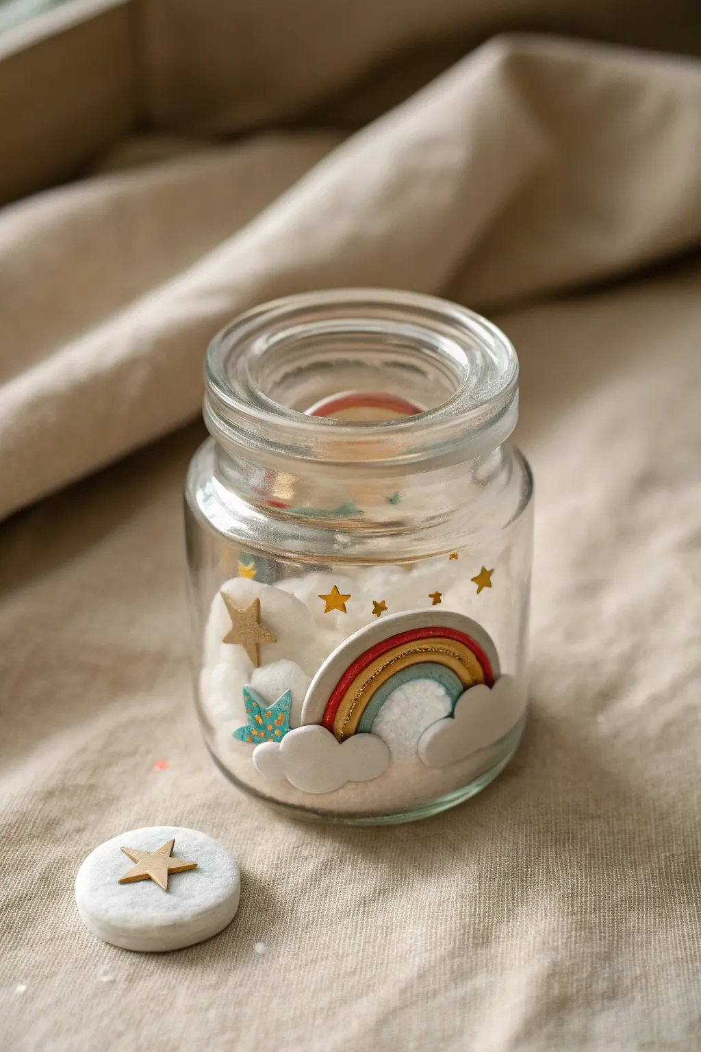 Mini cloud world in a jar with puffy clay clouds, a rainbow, and stars for dreamy shelf decor.