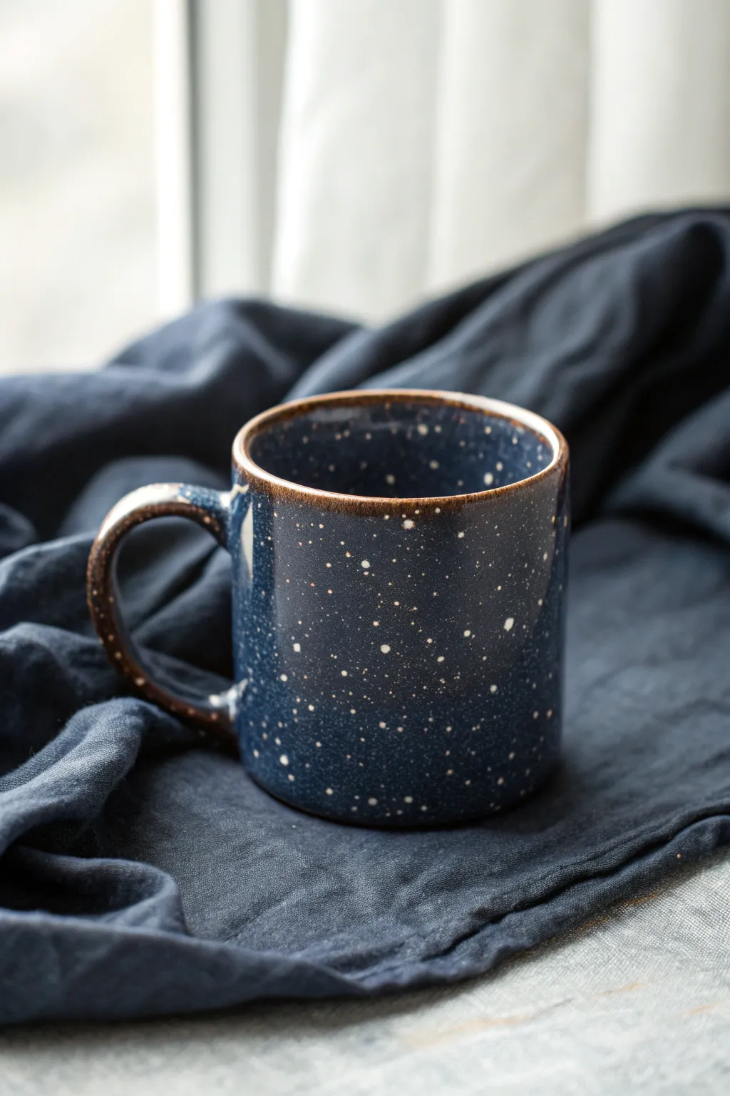 Midnight navy mug with starry specks and a dreamy splatter rim, simple and striking