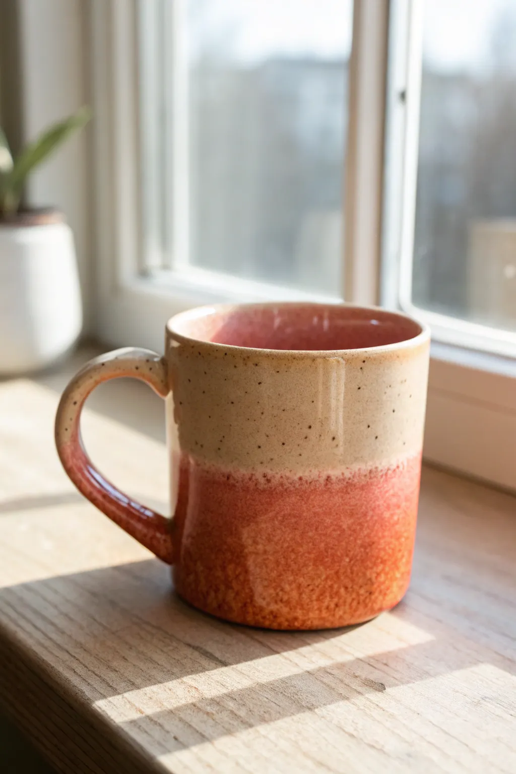 Sunrise ombre mug in coral-to-peach glaze, minimalist and warm for your morning brew.